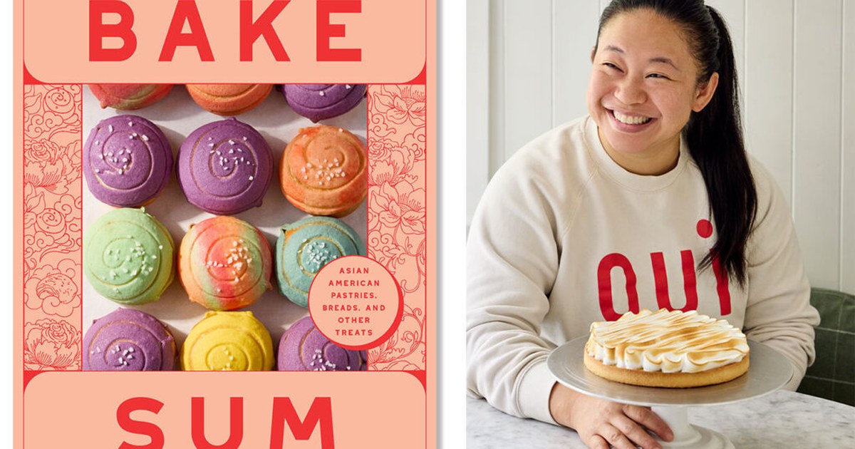 Bake Sum owner Joyce Tang smiling next to a meringue pie, with the cover of her new cookbook Bake Sum showing an array of colorful swirled pastries