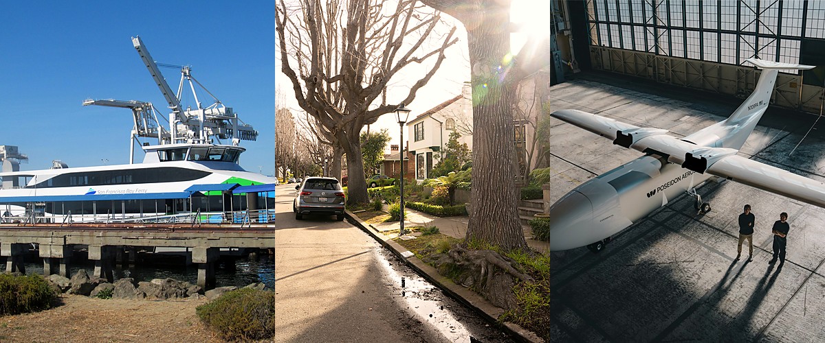 Main Street ferry terminal, Gibbons Drive sweetgums, Poseidon's Egret in its Alameda hangar