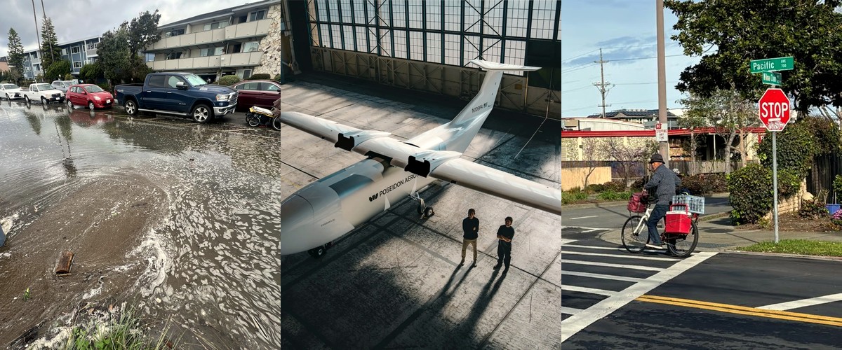 Shoreline Drive flooded at a king tide, Poseidon’s self-flying cargo plane in its Alameda hangar, and Pacific Ave at Wilma Chan Way